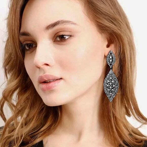 Carbon Black with White Diamond Crystal Double Leaf Chandelier Post Earrings - Picture 3 of 5